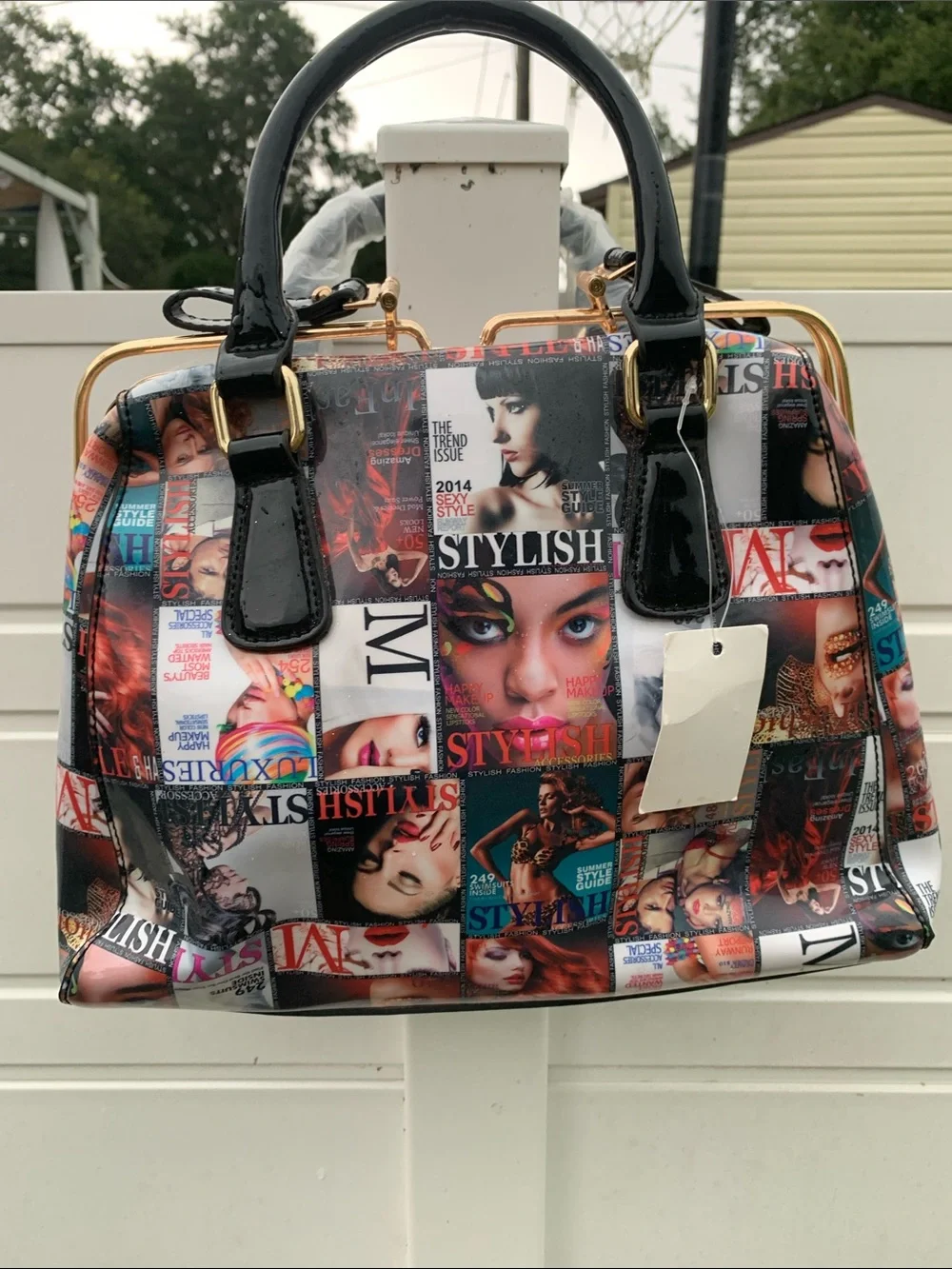 Stylish Magazine-Print Satchel Bag in Multicolor by